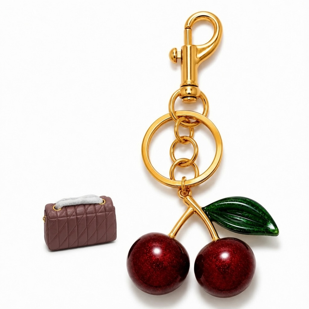 Brown handbag and cherry charm